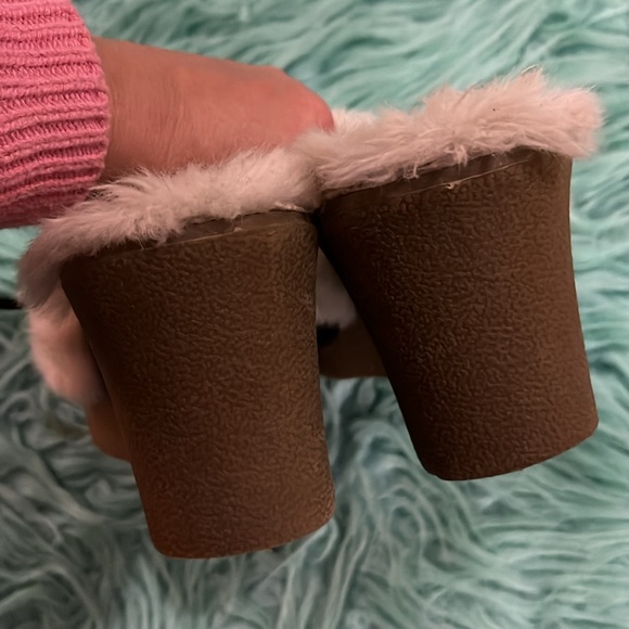 Fur lined wedge slides 8 moccasin clogs brown vegan suede faux sheep whip stitch - Picture 4 of 9